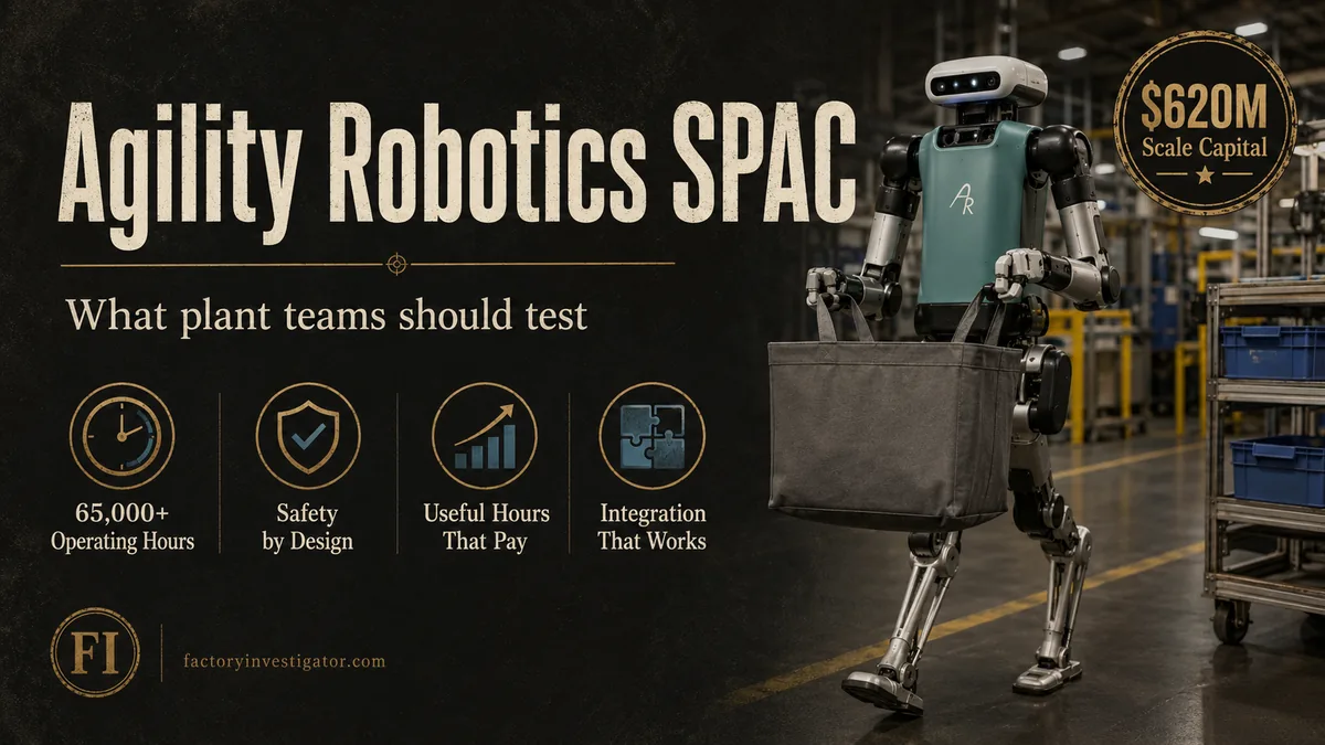 Editorial factory graphic showing a humanoid robot carrying a tote, illustrating the Agility Robotics SPAC and what plant teams should test.