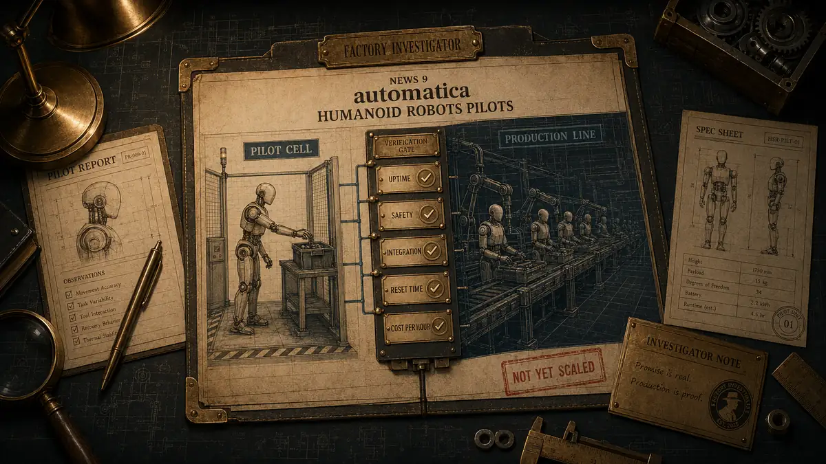 Humanoid robot pilot cell separated from a production line by uptime, safety, integration, reset time, and cost-per-hour checks.