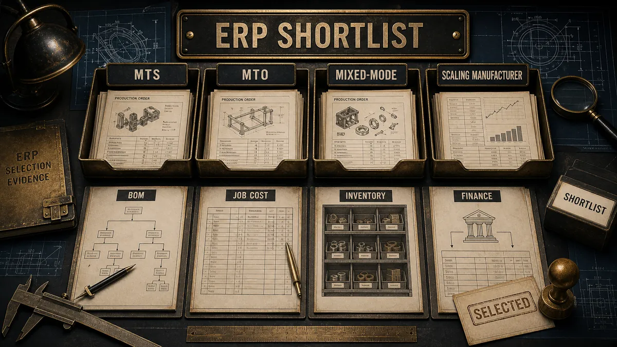 Factory Investigator desk sorting manufacturing ERP systems by production model into a shortlist