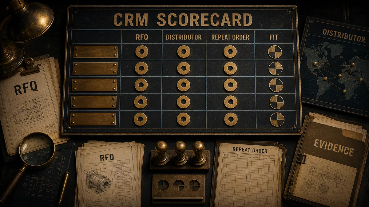Factory Investigator scorecard ranking manufacturing CRM software by RFQ, distributor, and repeat-order fit