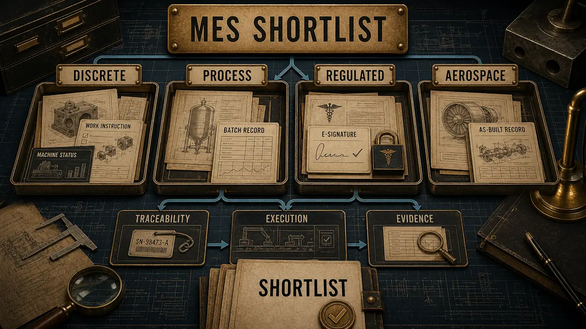 Factory Investigator desk sorting MES software by manufacturing environment into a shortlist