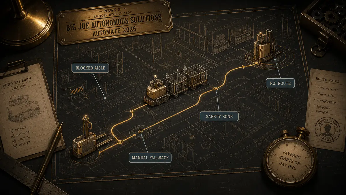 Autonomous warehouse vehicles following a brass route map with blocked aisle, manual fallback, safety zone, and ROI route markers.