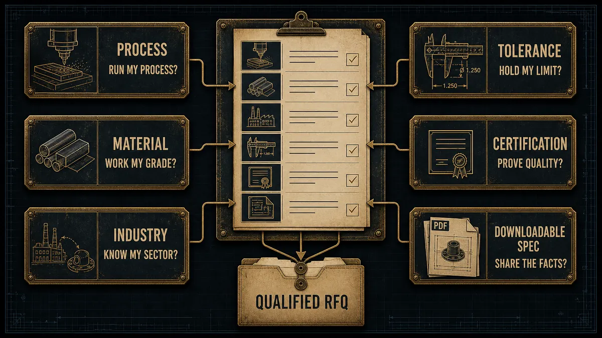 Capability page anatomy showing process, material, industry, tolerance, certification, and downloadable specification components