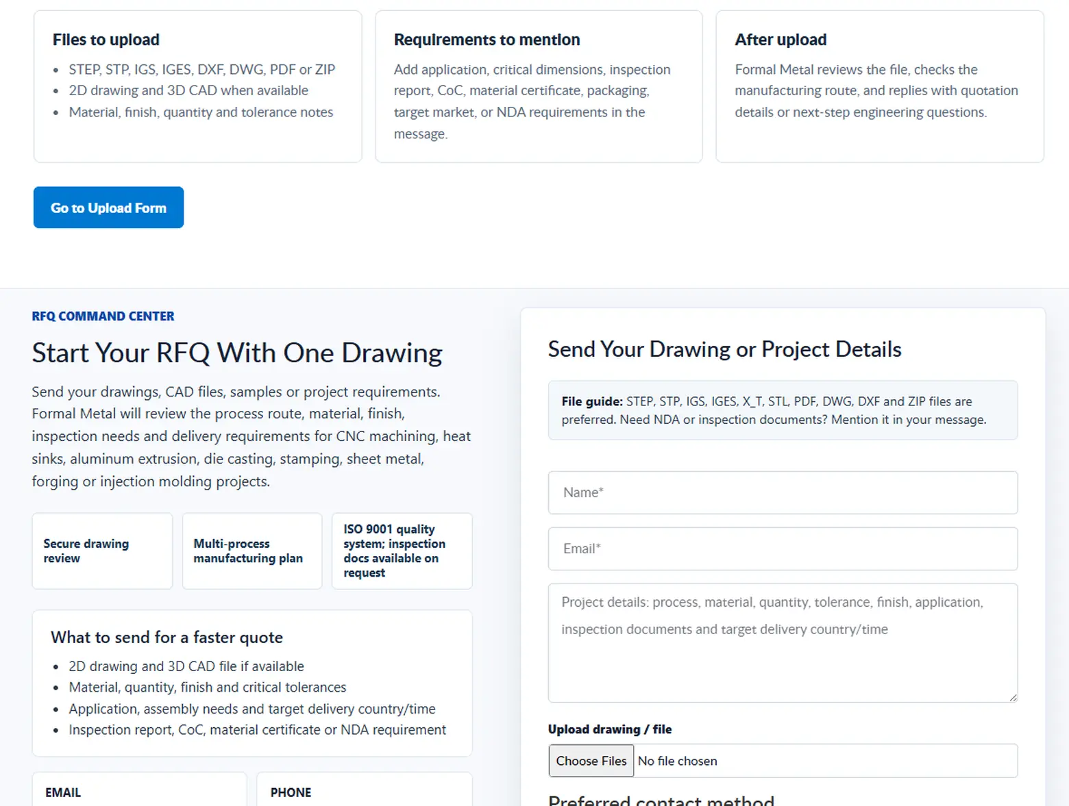 Formal Metal RFQ section showing drawing upload guidance, material, quantity, tolerance, delivery details, and a project upload form