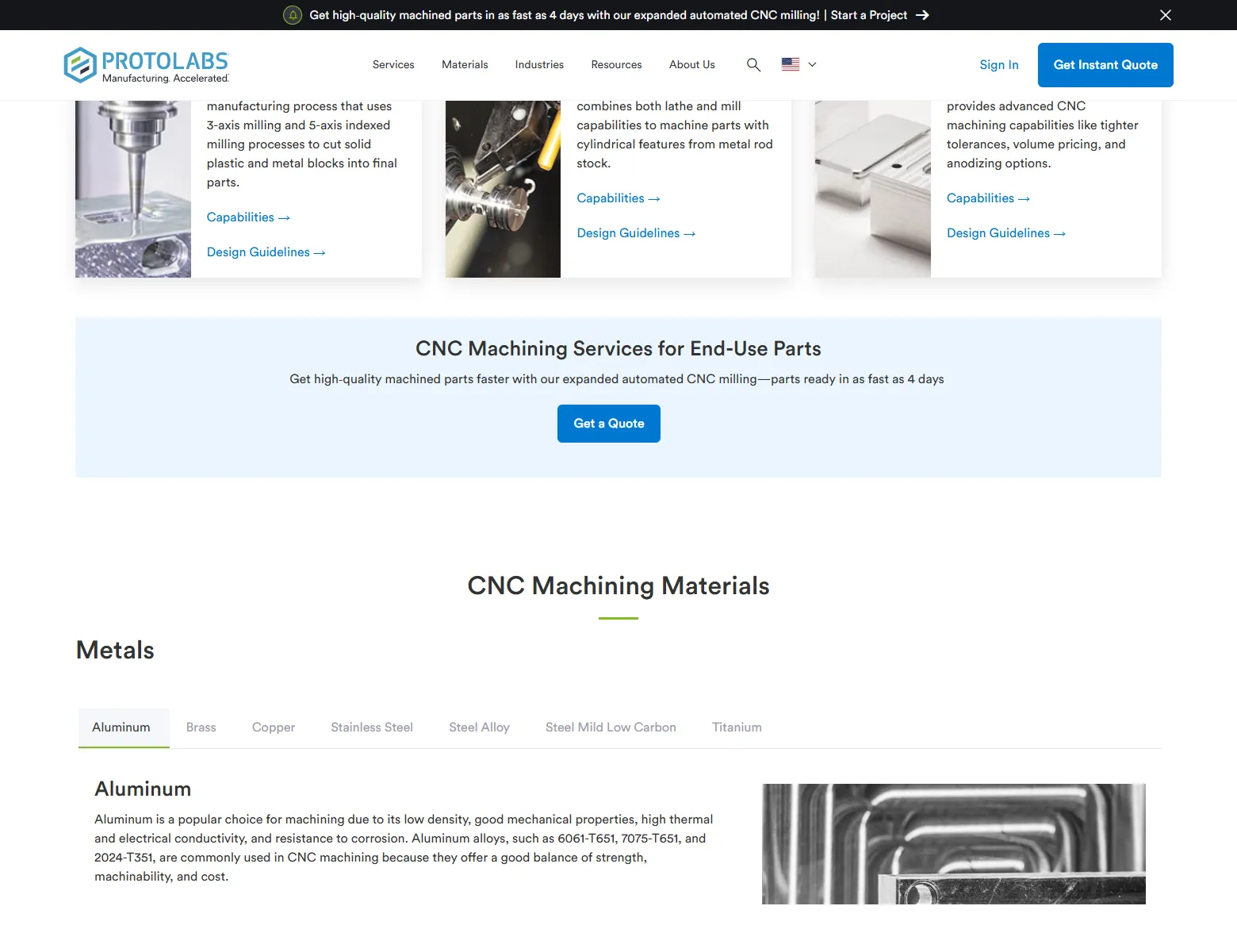 A manufacturer capability page written like a spec sheet, listing process, equipment, materials, tolerances, and an RFQ button