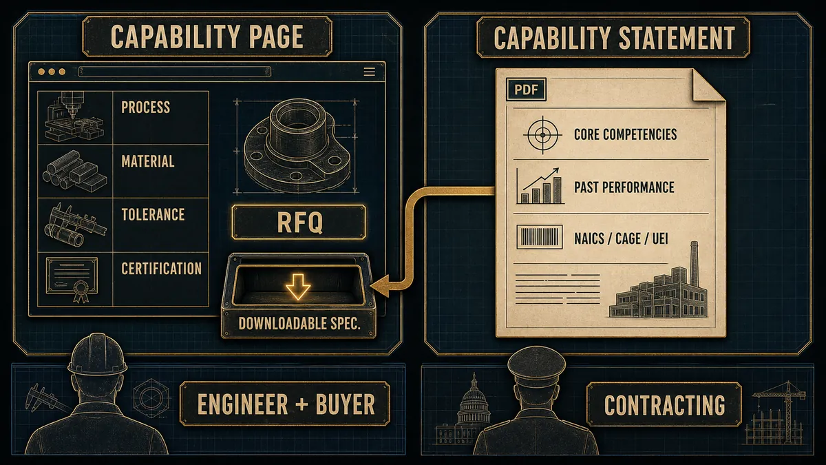 Comparison of a manufacturer capability page for engineers and buyers versus a capability statement PDF for contracting