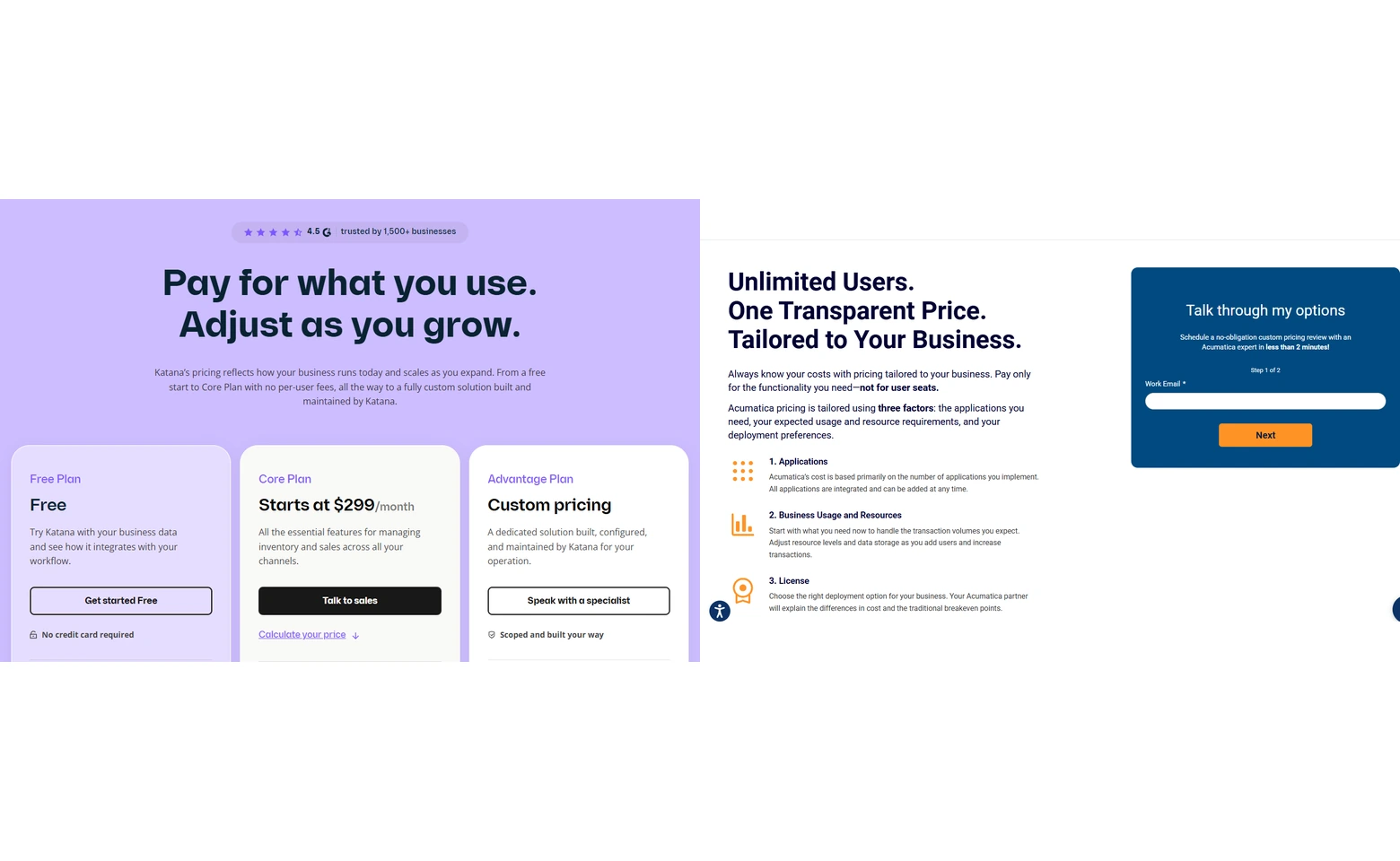 Comparison of Katana's published manufacturing ERP pricing with Acumatica's tailored pricing review page for small manufacturers in 2026