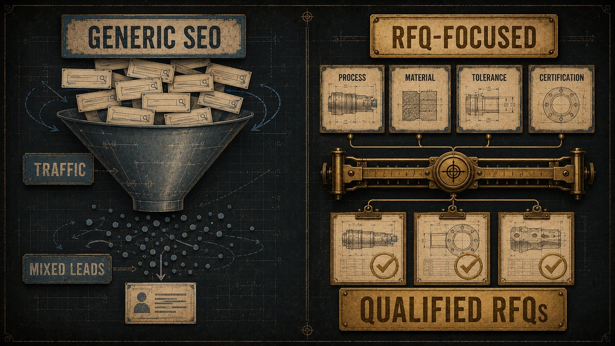Diagram comparing generic SEO traffic with RFQ-focused SEO that filters buyer-fit visitors into qualified RFQs