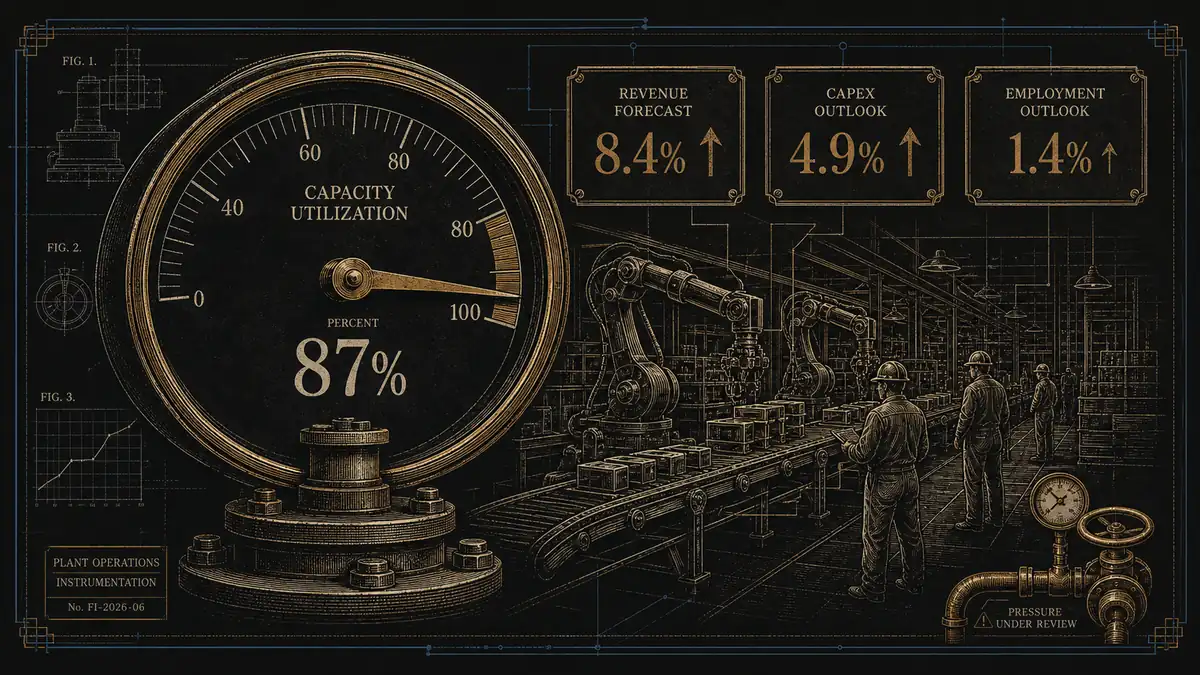 Manufacturing capacity gauge showing 87% utilization with revenue, capex, and employment forecast panels.
