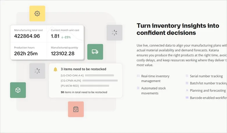 Katana manufacturing inventory software dashboard showing real-time material availability and production orders