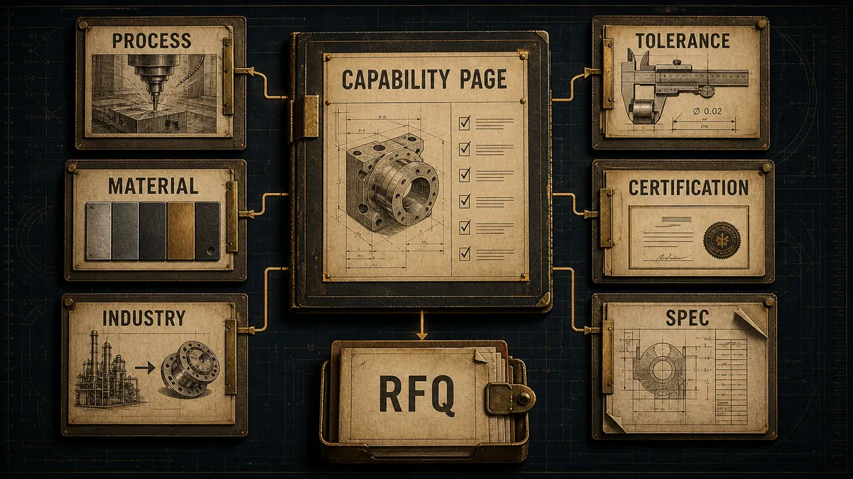 Manufacturer capability page shown as an annotated dossier with the six components a buyer checks before requesting a quote