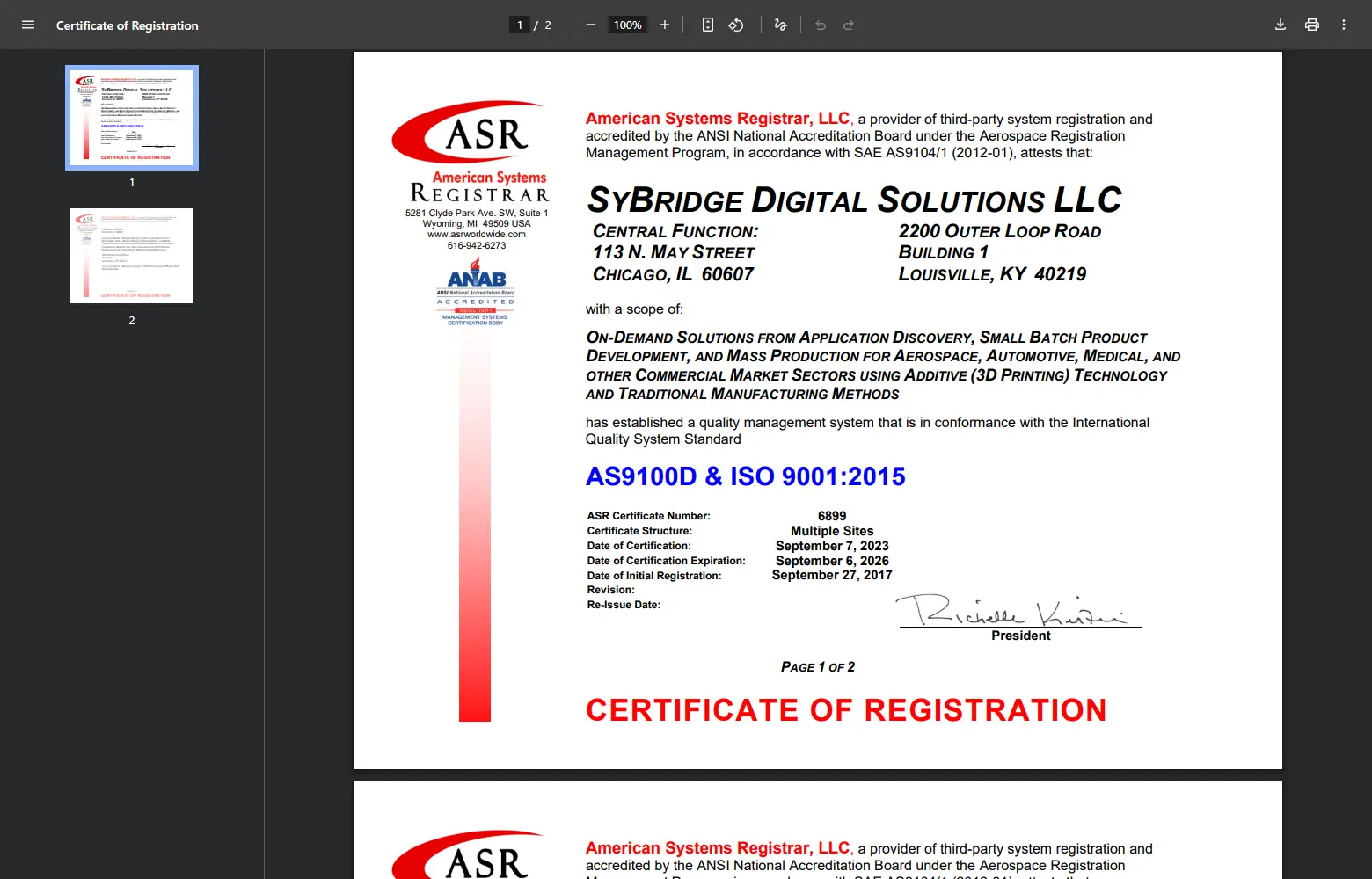 A manufacturer capability page showing certifications with scope, registrar, and current dates including ISO 9001 and AS9100
