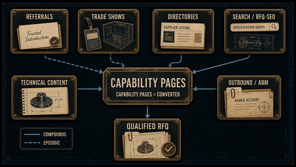 Manufacturer lead-channel map linking referrals, trade shows, directories, search, technical content, capability pages, and outbound ABM to qualified RFQs
