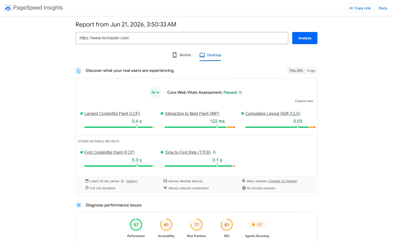 PageSpeed Insights desktop report for McMaster-Carr showing Core Web Vitals passed with LCP, INP, and CLS in the green range
