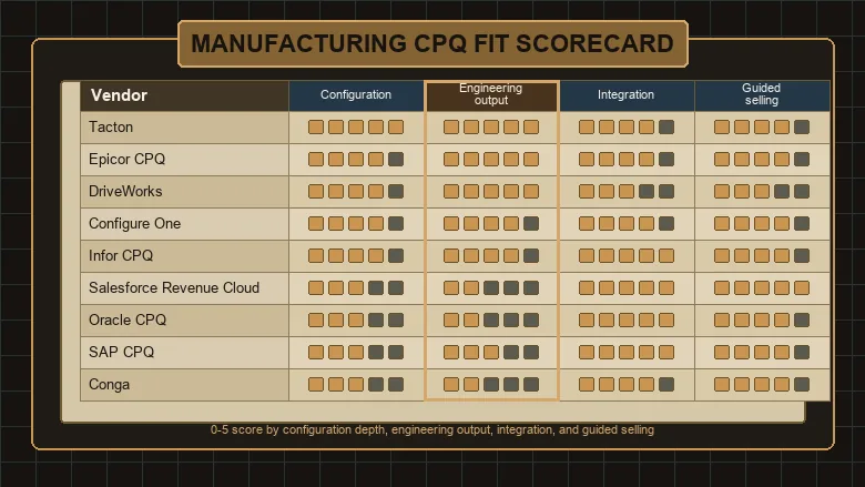 Manufacturing CPQ Fit scorecard rating nine CPQ platforms on configuration, engineering output, integration, and guided selling