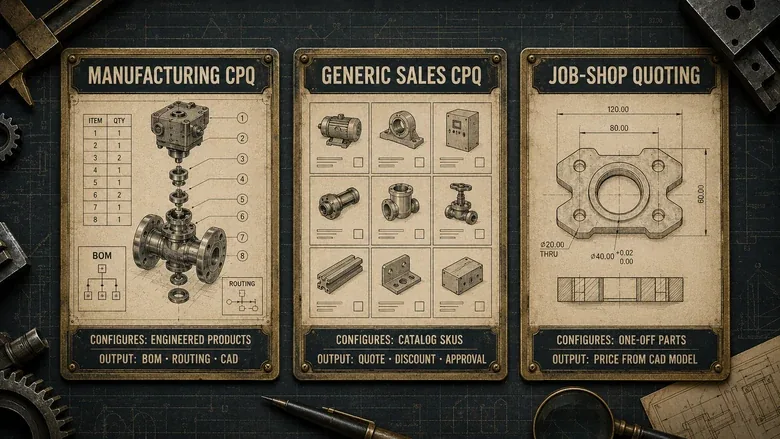 Diagram comparing manufacturing CPQ, generic sales CPQ, and job-shop quoting software for manufacturing by what each configures