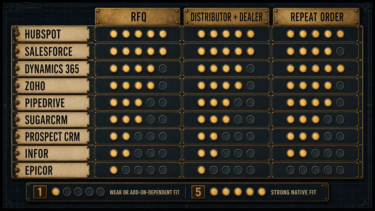 Scorecard comparing manufacturing CRM platforms on RFQ handling, distributor and dealer workflows, and repeat-order support