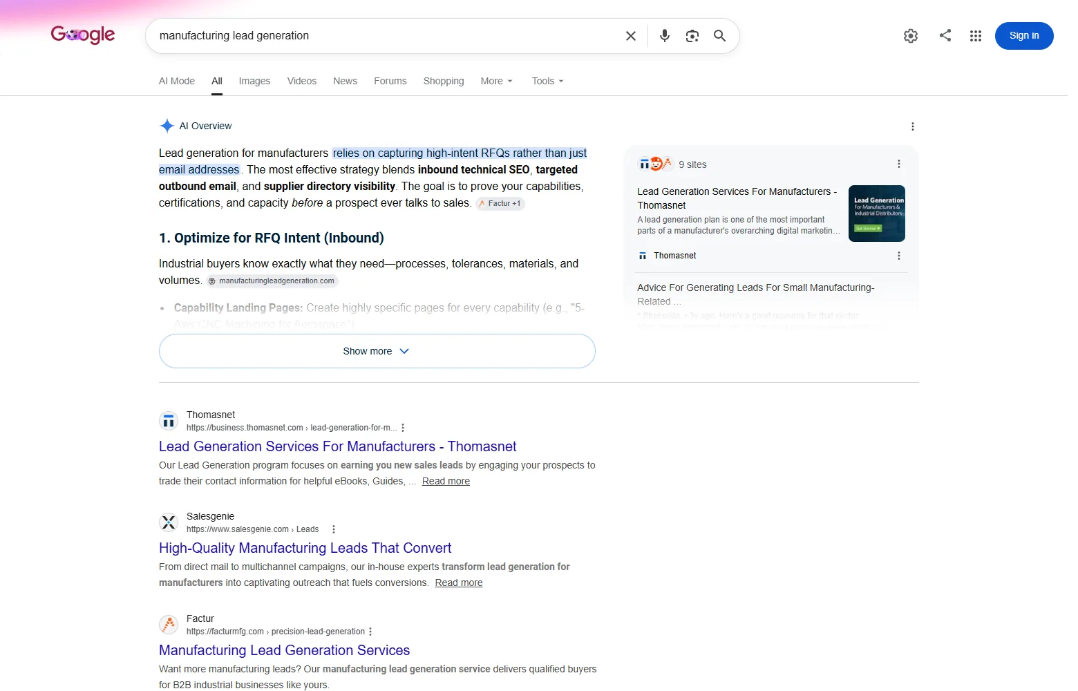 Google AI Overview for a manufacturing lead generation search in 2026, citing supplier and directory sources