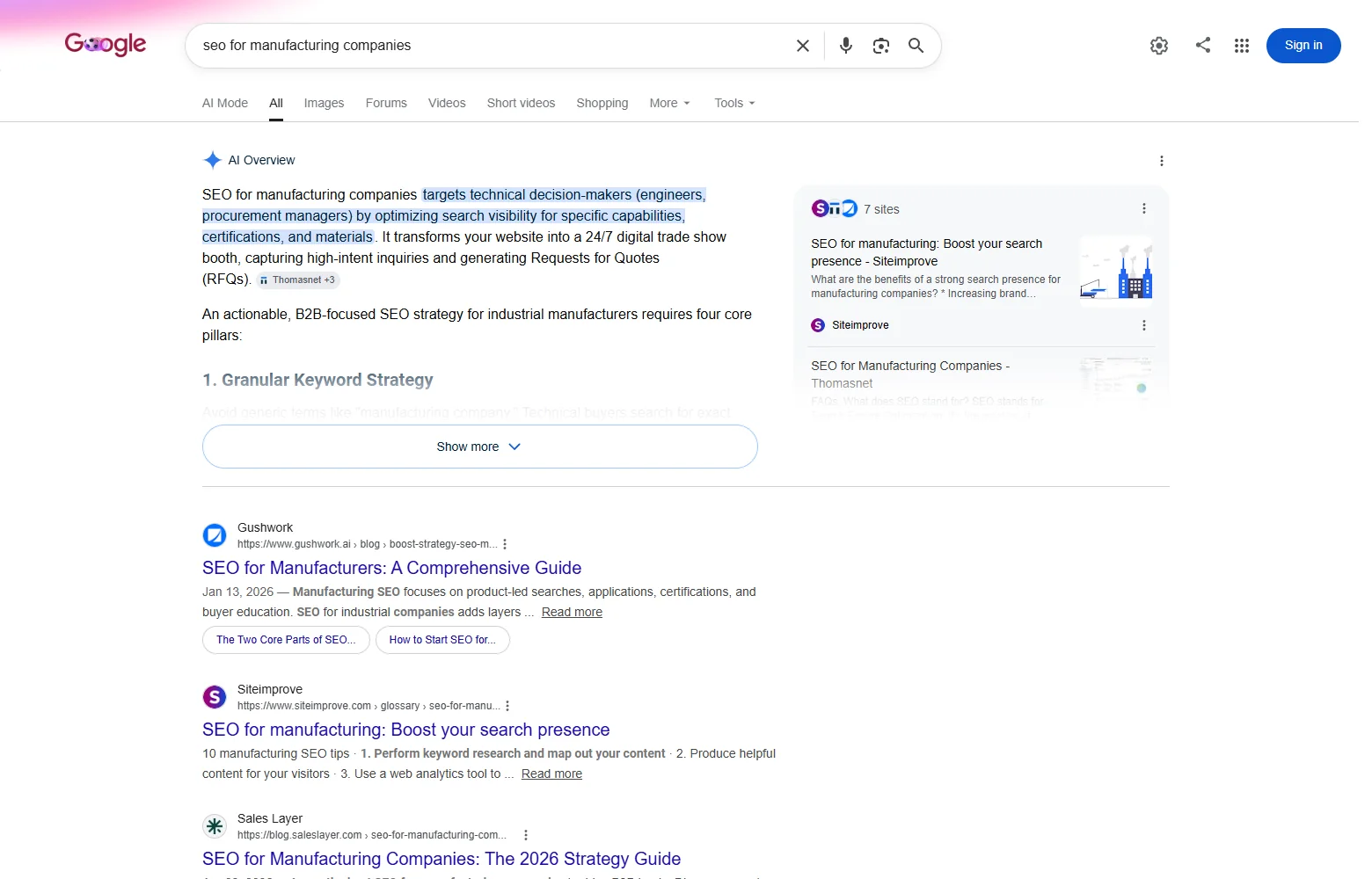 Google AI Overview for a manufacturing SEO search in 2026, showing cited sources above the organic results