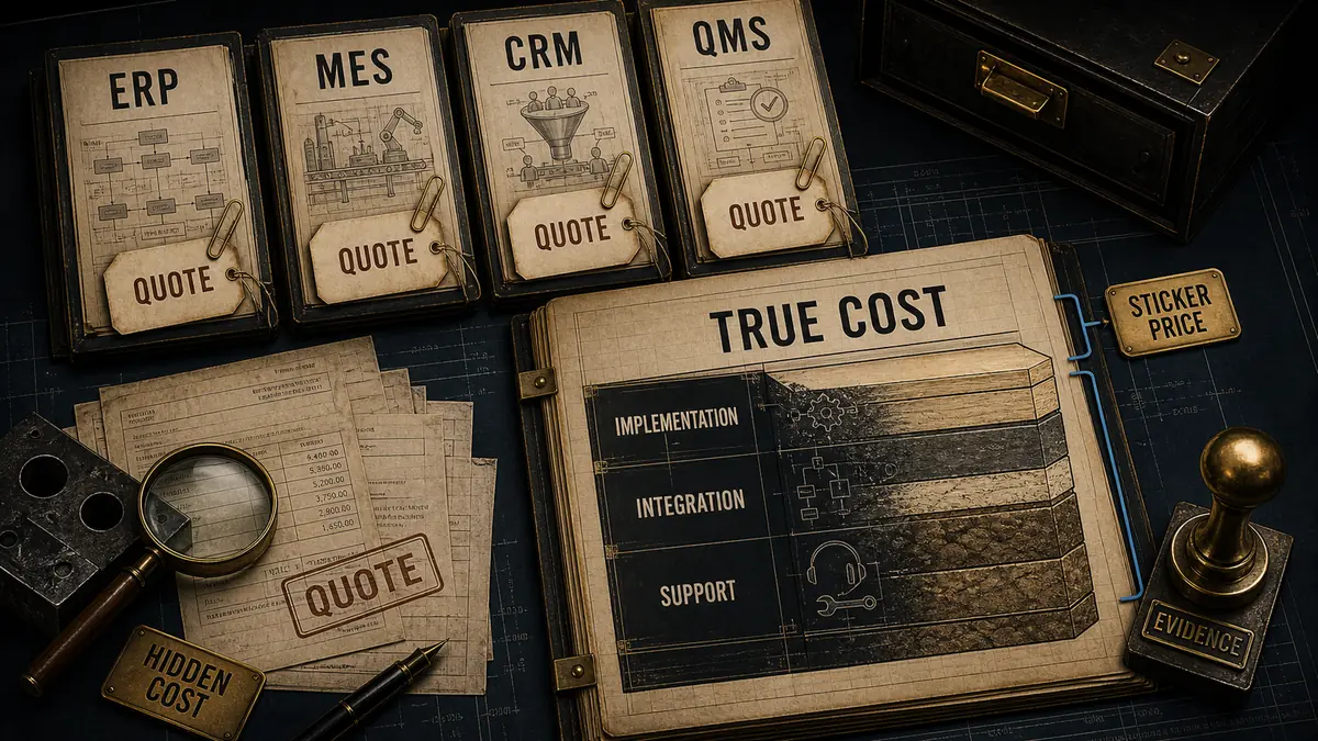 ERP, MES, CRM, and QMS software files with a quote-on-request tag and hidden-cost ledger