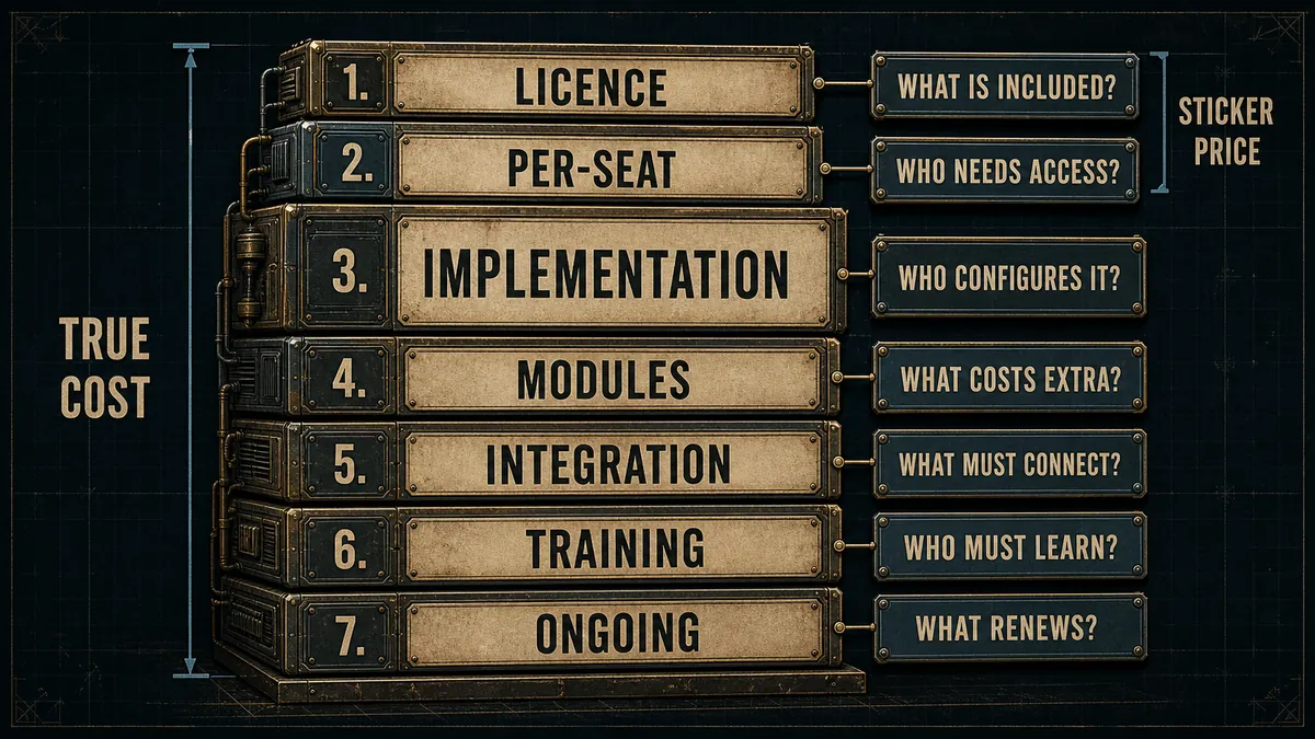 True Cost Stack diagram showing license, per-seat, implementation, module, integration, training, and ongoing manufacturing software costs
