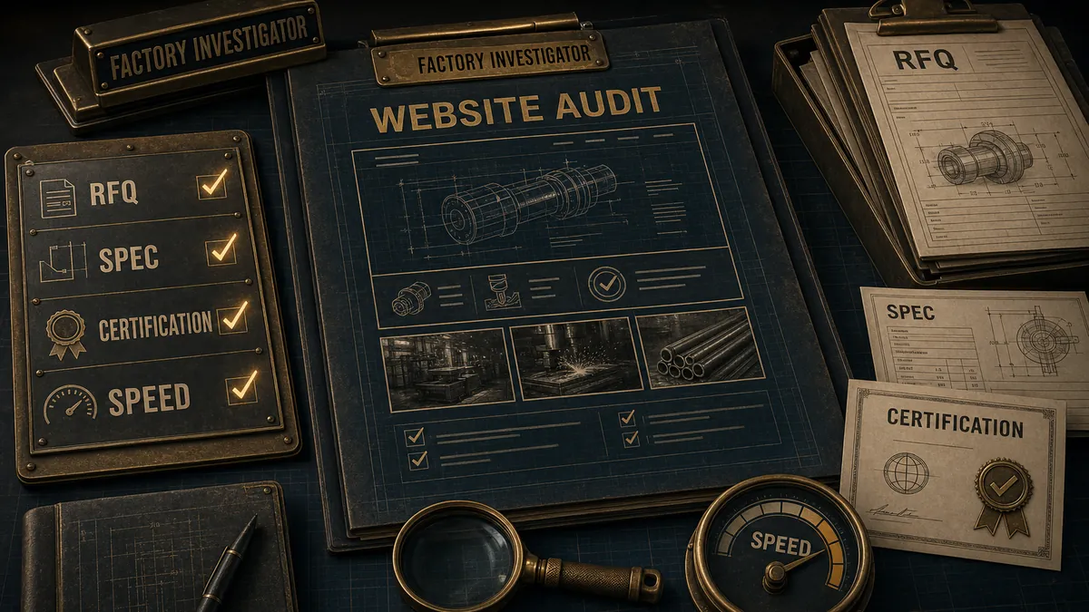 Investigator auditing a manufacturing website against the features industrial buyers expect