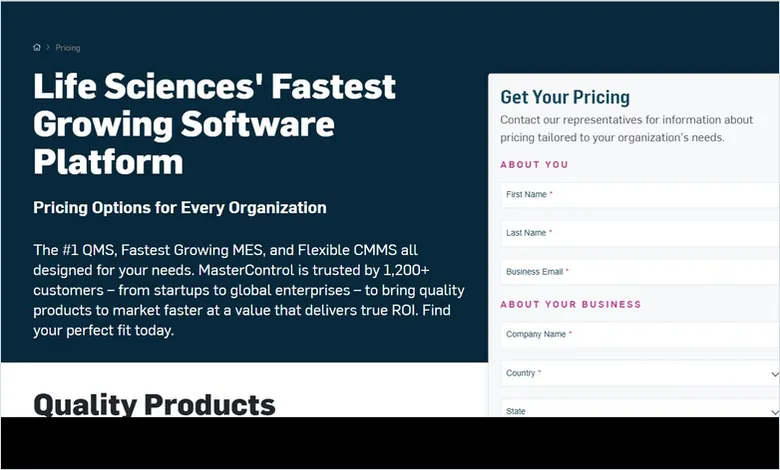 MasterControl pricing page routing to a contact-sales request, illustrating quote-only enterprise QMS pricing for regulated manufacturers