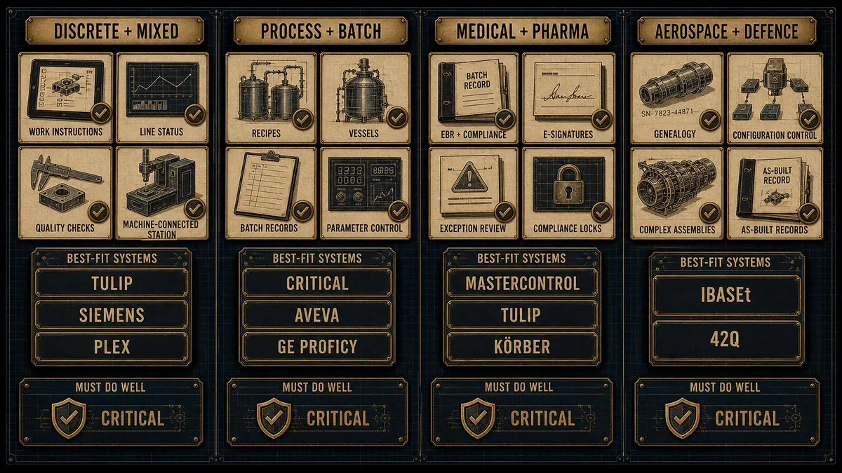 Diagram matching discrete, process and batch, medical and pharma, and aerospace manufacturing environments to best-fit MES software