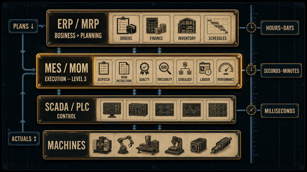 ISA-95 layer diagram showing MES between ERP planning and SCADA machine control