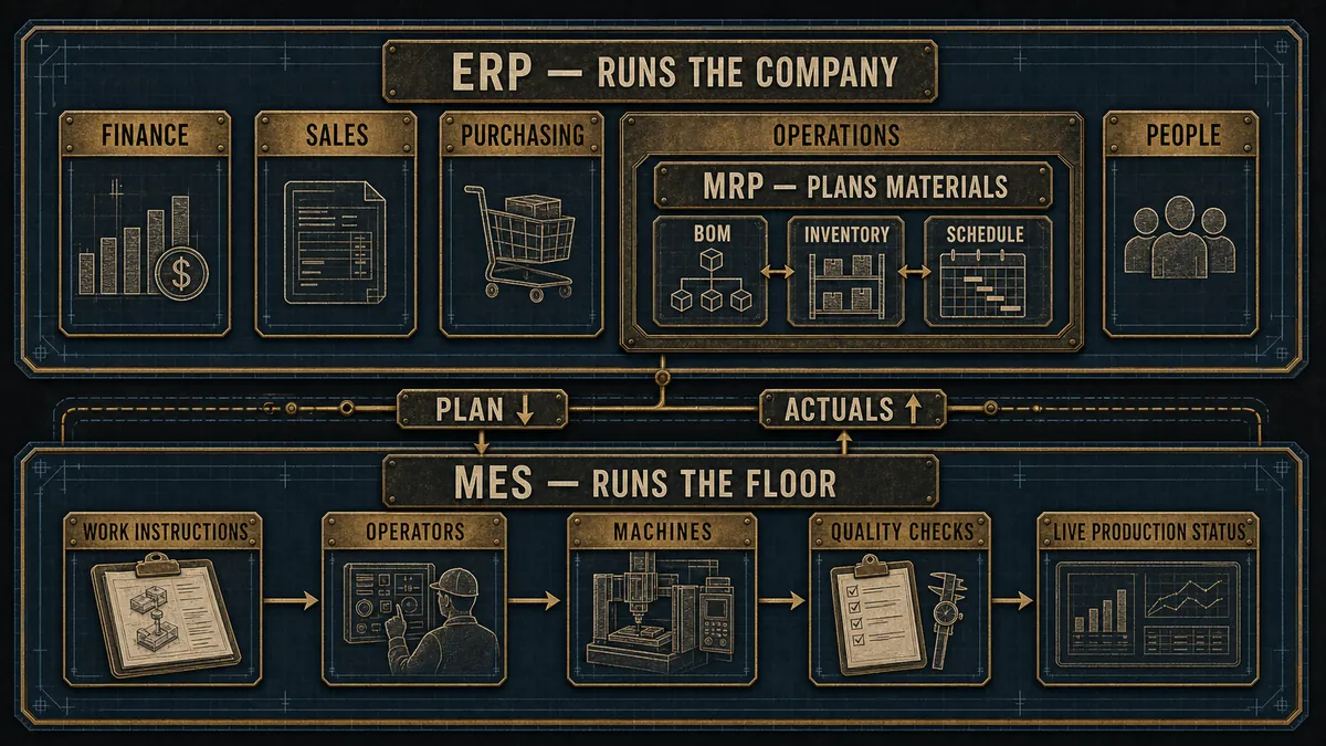 Diagram of the manufacturing software stack showing ERP running the company, MRP planning materials, and MES running the floor