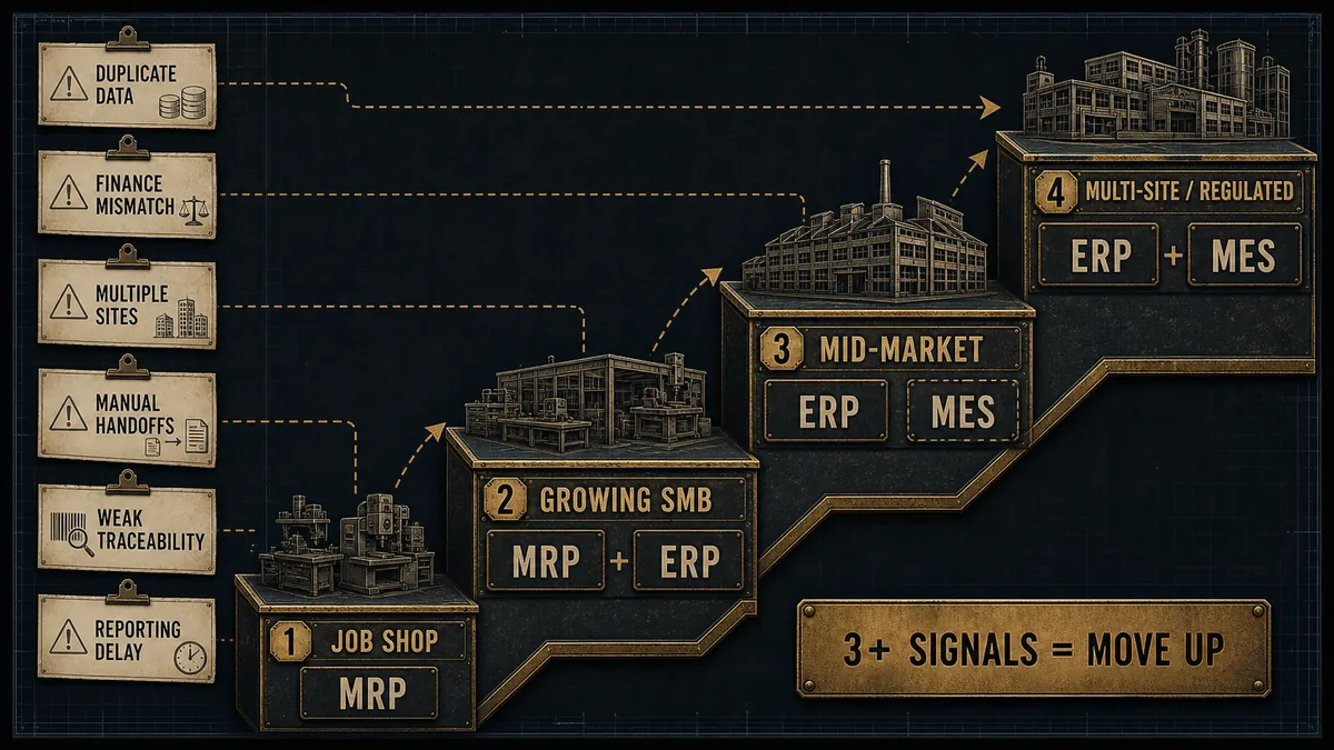Stage-of-growth ladder showing when a manufacturer needs MRP, ERP, and MES from job shop to multi-site