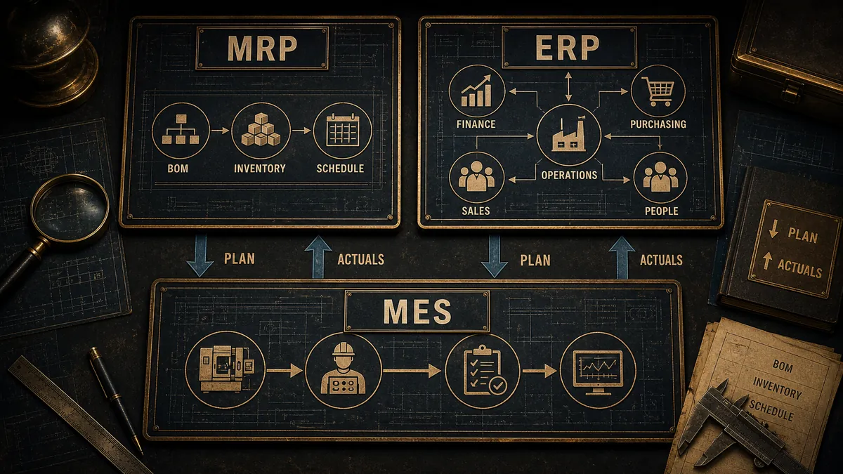 Investigator comparing MRP and ERP schematics with MES at the shop-floor base
