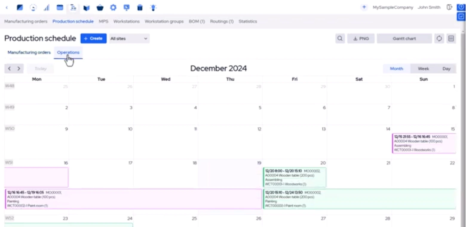 MRPeasy production schedule calendar showing manufacturing operations and Gantt chart availability from the official product demo