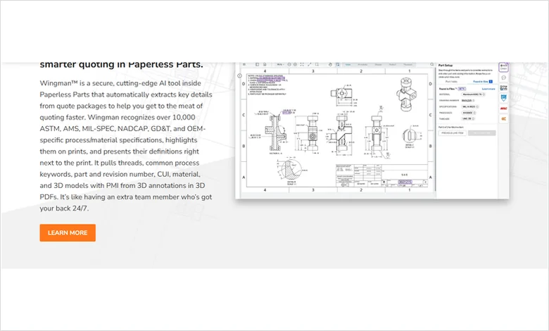 Paperless Parts instant quoting software for manufacturing showing CAD geometry analysis and design-for-manufacturability flags