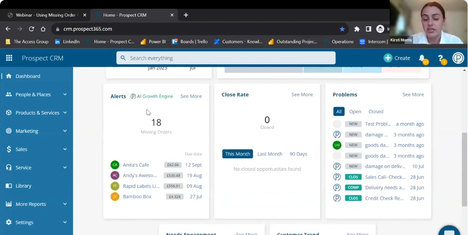 Prospect CRM missing order alerts flagging lapsed and declining repeat-order accounts for a distributor