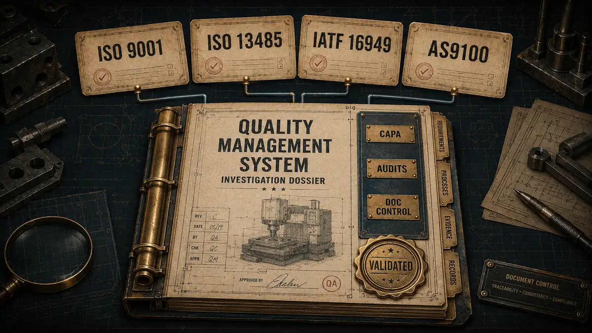Quality management software for manufacturing shown as a compliance dossier stamped for ISO 9001, ISO 13485, IATF 16949, and AS9100