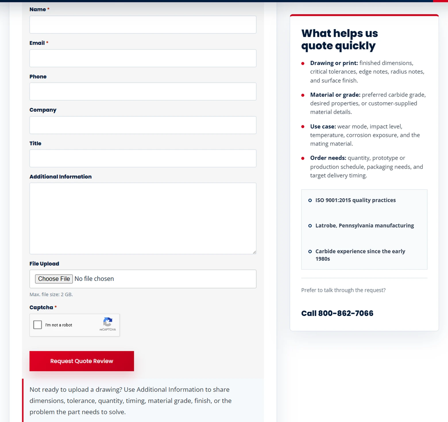 Manufacturer RFQ form asking for material, quantity, tolerance, timeline, and a drawing upload