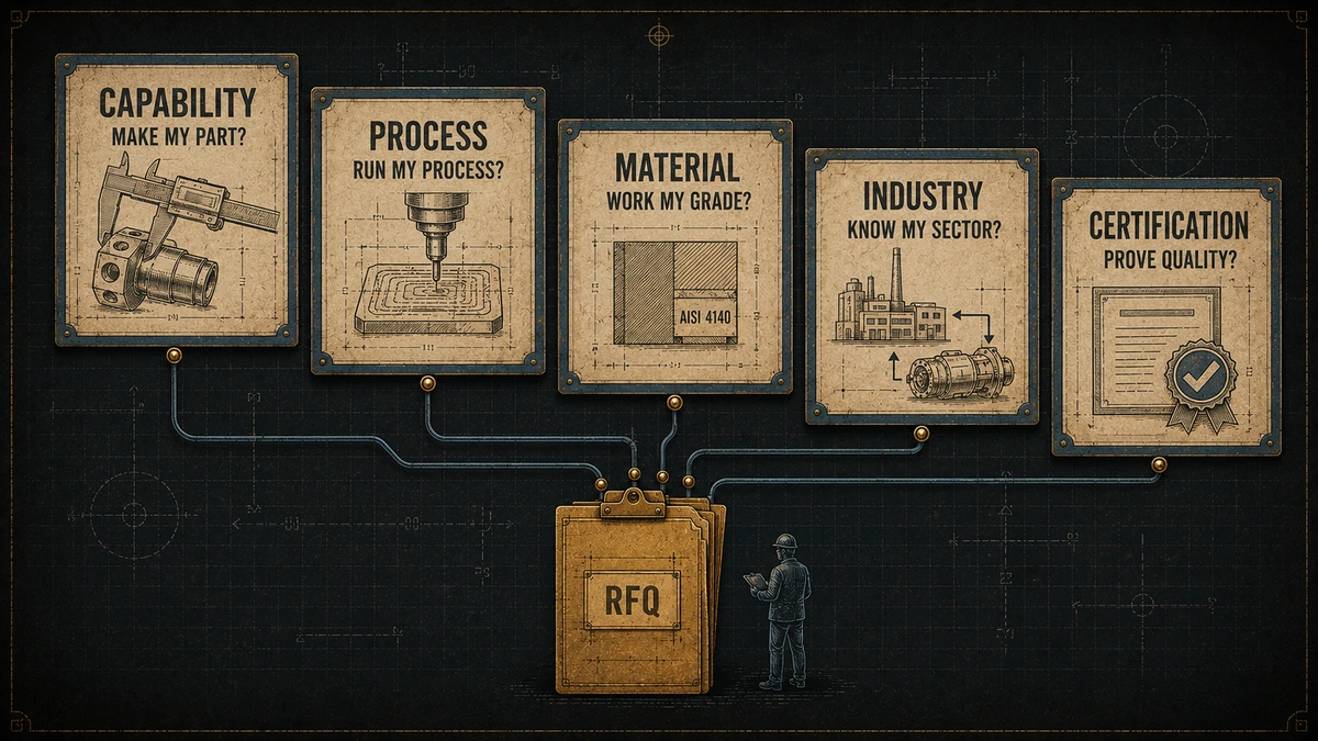 The RFQ-Ready Page Stack showing capability, process, material, industry, and certification pages leading to a qualified RFQ