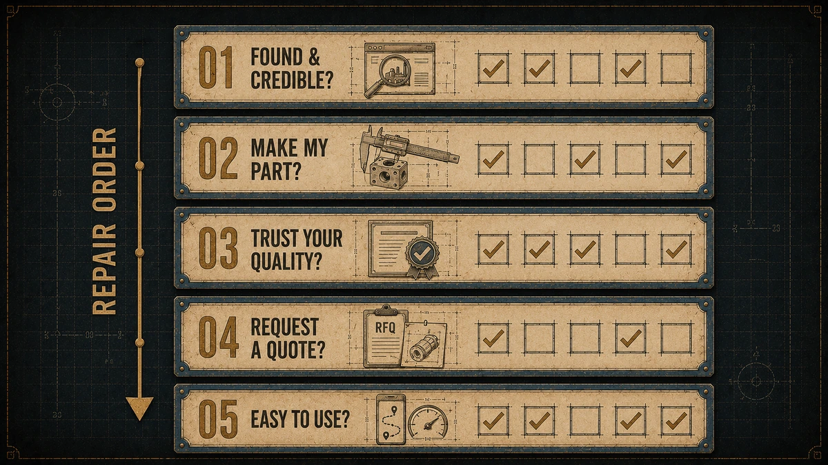 The RFQ-Ready Website Checklist showing capability, proof, specifications, trust, and RFQ action layers leading to a qualified RFQ