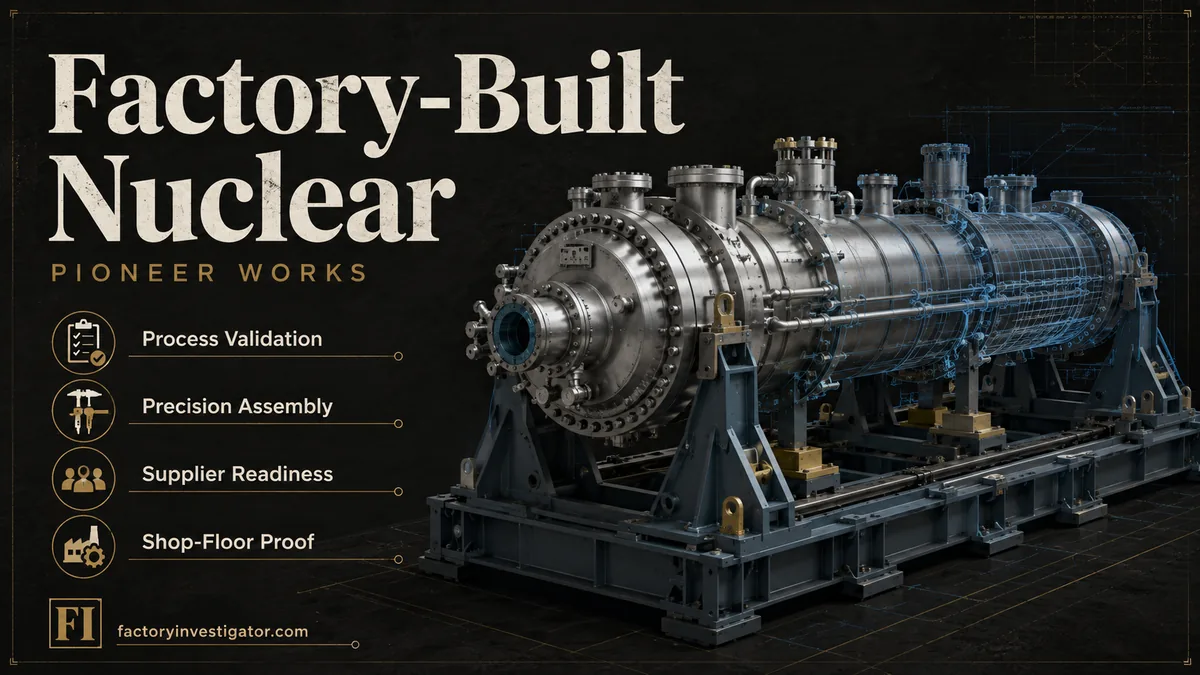Editorial industrial graphic showing a factory-built nuclear module assembly, illustrating Rolls-Royce SMR Pioneer Works and shop-floor validation.