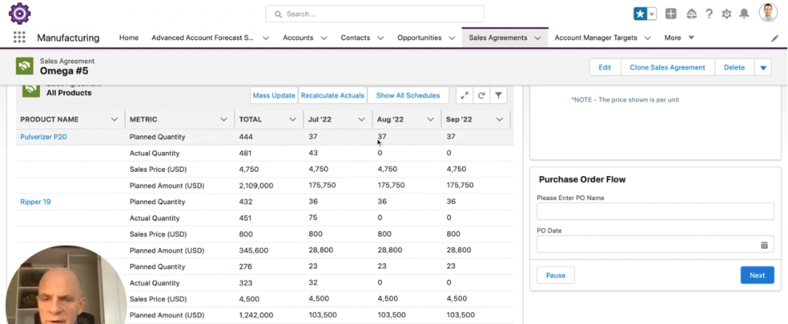 Salesforce Manufacturing Cloud sales agreement and account forecasting view for repeat-volume manufacturers