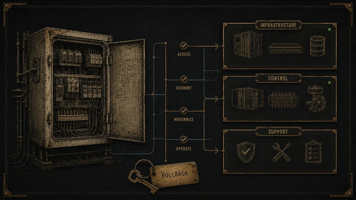 Aging industrial control cabinet connected to infrastructure, control, and support modernization layers