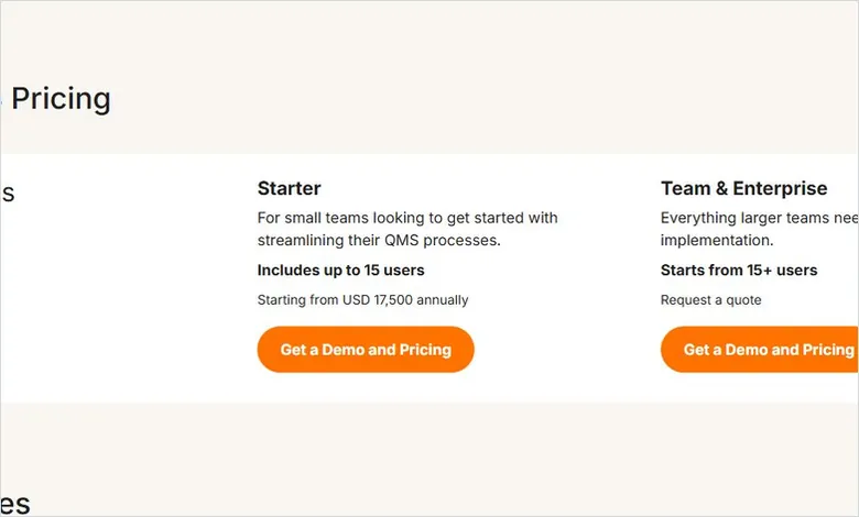 SimplerQMS published pricing page showing a $17,500 per year Starter tier for a validated pharma quality management system