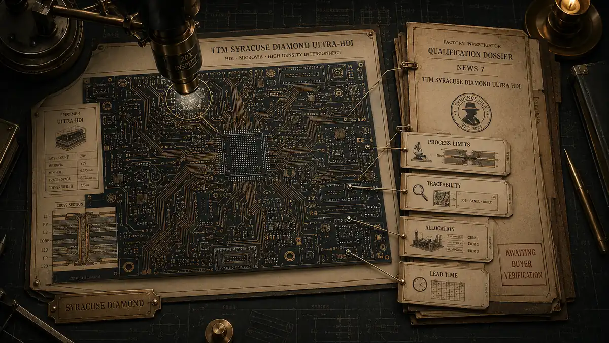 Ultra-HDI printed circuit board under microscope inspection with qualification tabs for process limits, traceability, allocation, and lead time.