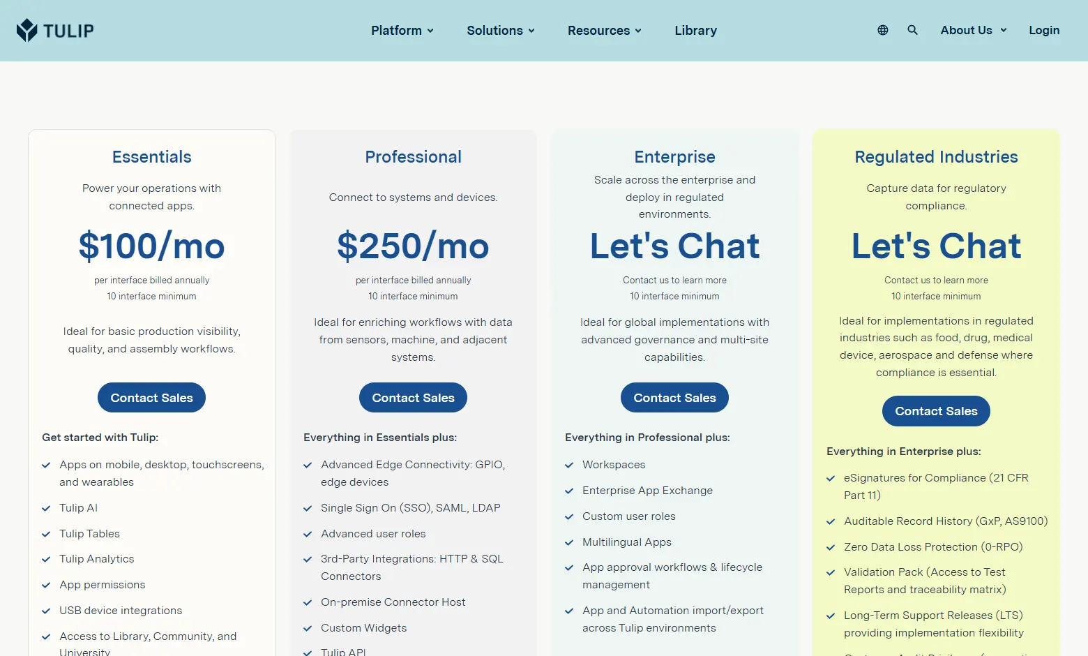 Tulip MES pricing page listing $100 per interface for Essentials and $250 for Professional, the one mainstream MES that publishes a starting price