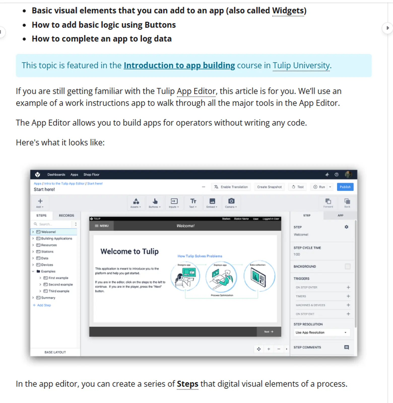 Tulip official App Editor documentation showing the no-code editor used to build operator work-instruction apps