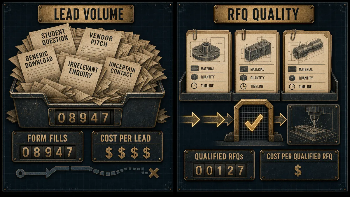Diagram contrasting lead volume with RFQ quality in manufacturing lead generation