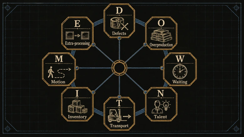 The 8 wastes of lean manufacturing arranged around the DOWNTIME acronym: defects, overproduction, waiting, talent, transport, inventory, motion, processing