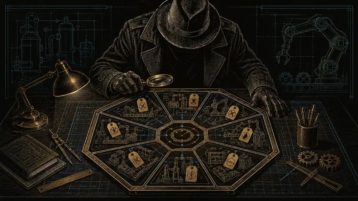 Factory Investigator reviewing an eight-part lean manufacturing waste diagram on an engineering workbench