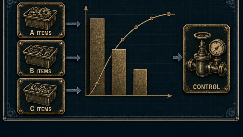 ABC inventory analysis worked example ranking four manufacturing items by annual usage value and risk